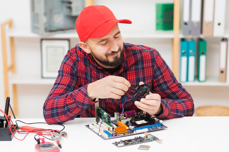 Man in red cap and plaid shirt assembling computer parts on a desk with focus on a motherboard and tools nearby
