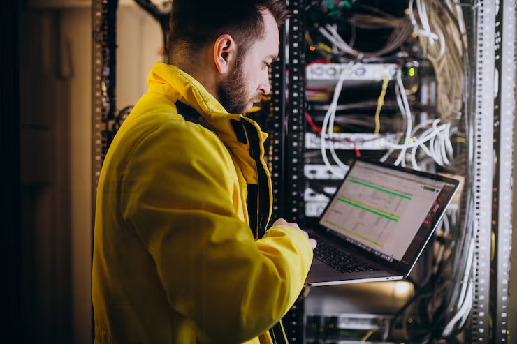 Technician in a yellow jacket using a laptop in a server room for IT maintenance and network management tasks